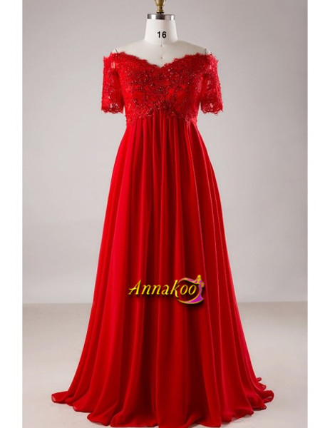 Chiffon Sequin Red Off The Shoulder Short Sleeves Plus Size Prom Dress