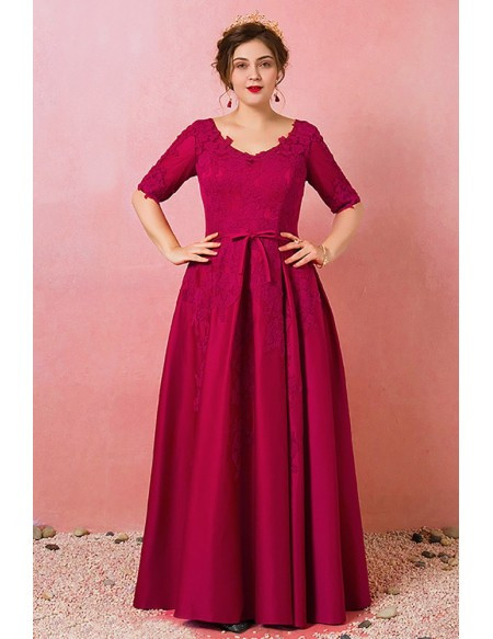 Buy 2021 Burgundy V Neck Lace Short Sleeves Plus Size Prom Dress Under 148