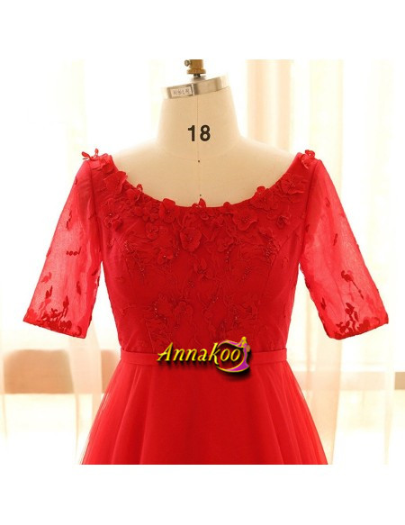 Shop 2021 Red Round Neck Flowers Short Sleeves Plus Size Prom Dress Under 139