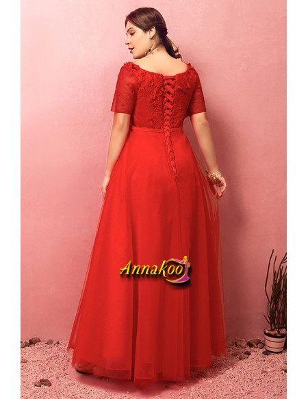 Shop 2021 Red Round Neck Flowers Short Sleeves Plus Size Prom Dress Under 139
