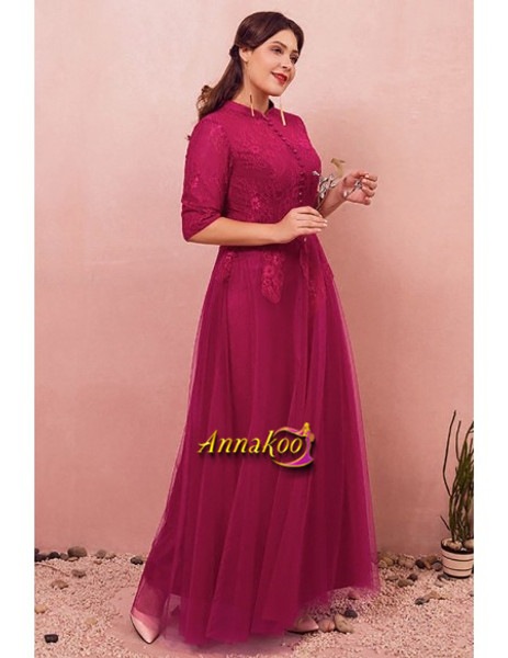 Shop 2021 Lace Half Sleeve Buttons Burgundy A Line Plus Size Prom Dress Under 139