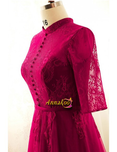 Lace Half Sleeve Buttons Burgundy A Line Plus Size Prom Dress