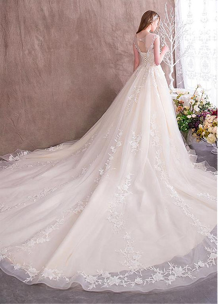 Tulle Jewel 3D Flowers A-line Wedding Dress With Lace Appliques
