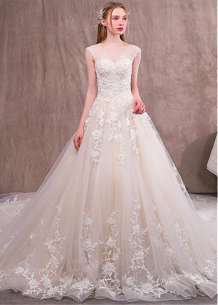 Tulle Jewel 3D Flowers A-line Wedding Dress With Lace Appliques