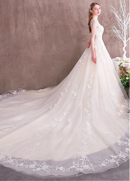 Tulle Jewel 3D Flowers A-line Wedding Dress With Lace Appliques