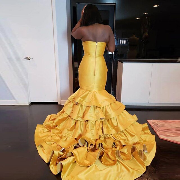 Buy Annakoo Halter Tiered Crystal Beads Yellow Mermaid Satin Prom Dress Under 245