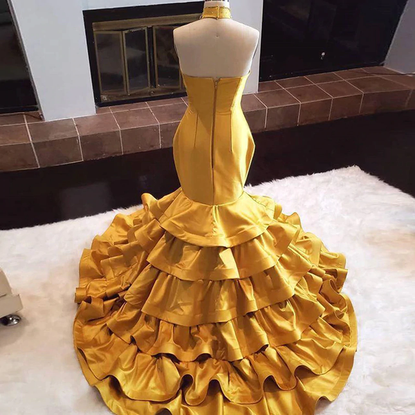 Buy Annakoo Halter Tiered Crystal Beads Yellow Mermaid Satin Prom Dress Under 245