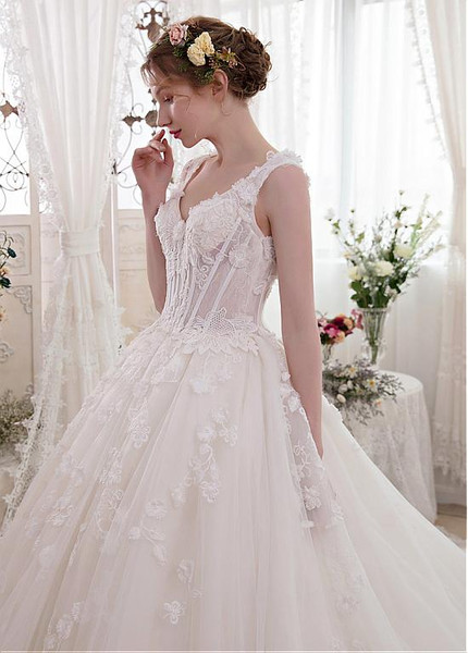 Tulle & Lace V-neck Long Train Ball Gown Wedding Dress 