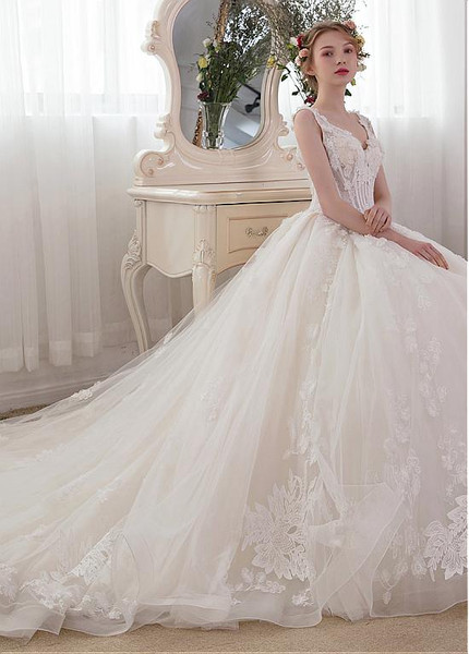 Tulle & Lace V-neck Long Train Ball Gown Wedding Dress 