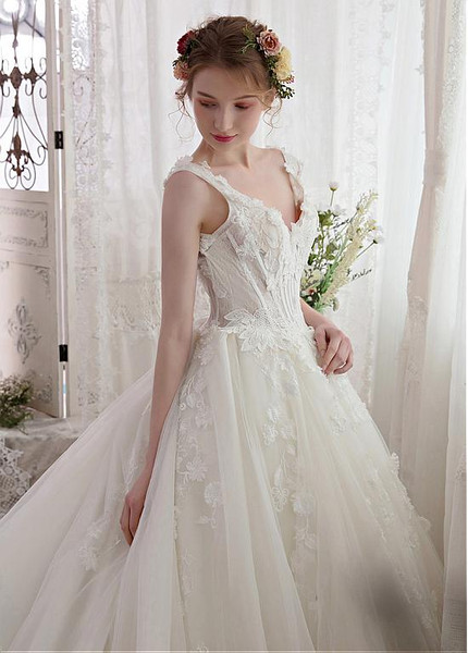 Tulle & Lace V-neck Long Train Ball Gown Wedding Dress 
