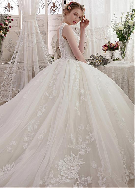 Tulle & Lace V-neck Long Train Ball Gown Wedding Dress 