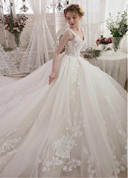 Tulle & Lace V-neck Long Train Ball Gown Wedding Dress 