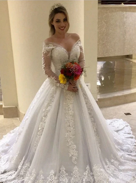 Long Sleeve Appliques Illusion White Off Shoulder Wedding Dress