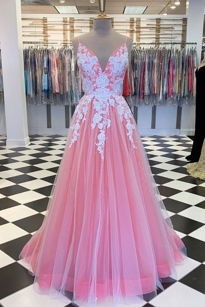 Shop 2021 Annakoo Spaghetti Straps Pink Tulle Appliques Zipper A Line Prom Dress Under 148