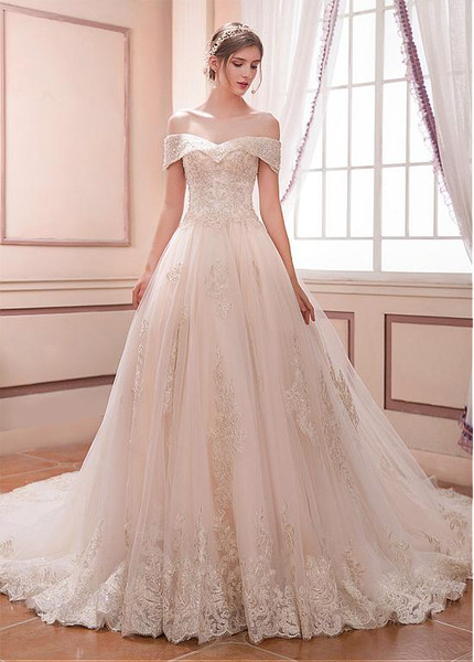 Long Tulle Off-the-shoulder Beaded A-line Wedding Dress