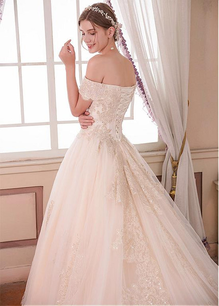 Long Tulle Off-the-shoulder Beaded A-line Wedding Dress