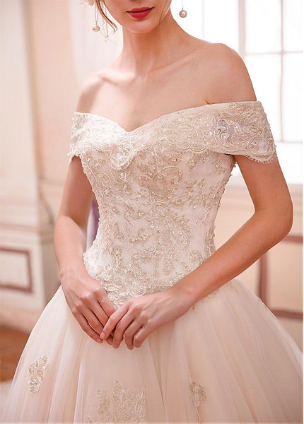 Long Tulle Off-the-shoulder Beaded A-line Wedding Dress