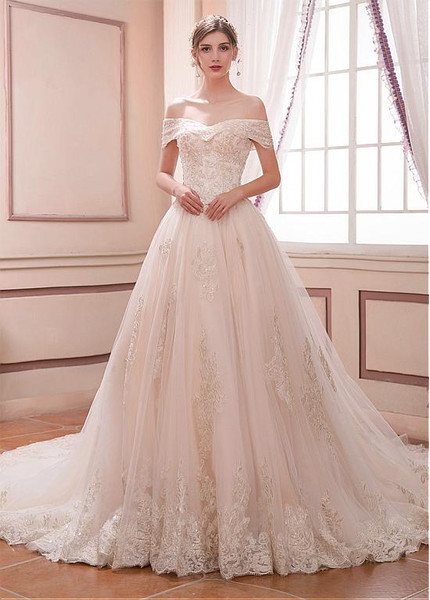 Long Tulle Off-the-shoulder Beaded A-line Wedding Dress