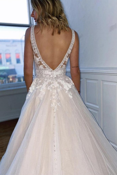 White Beading V Neck Appliques Tulle A Line Elegant Prom Dress