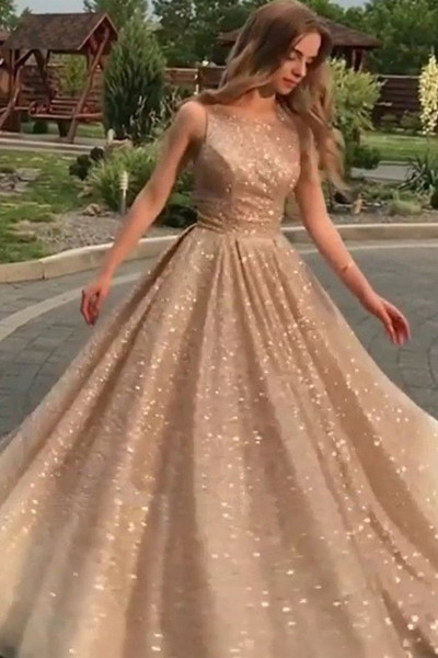 Shop Annakoo 2021 Scoop Sequin Gold Tulle A Line Long Prom Dress Under 148