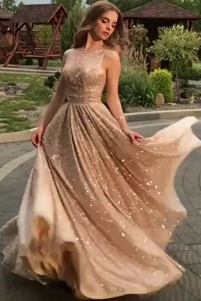 Shop Annakoo 2021 Scoop Sequin Gold Tulle A Line Long Prom Dress Under 148