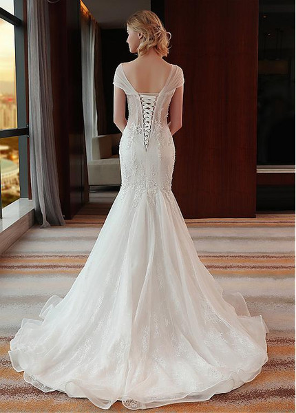 Elegant  Lace V-neck Beading Mermaid Wedding Dress 