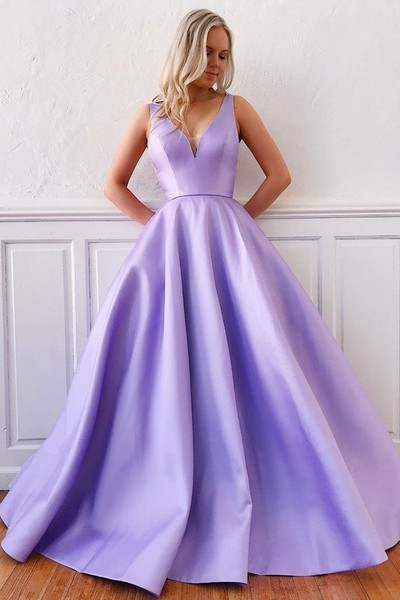 Shop 2021 Lavender Mesh V Neck Satin A Line Long Prom Dress Under 138