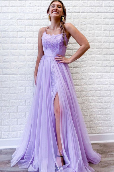 Shop 2021 ANNAKOO Double Spaghetti Straps Lavender Tulle Appliques Prom Dress With Slit Under 149