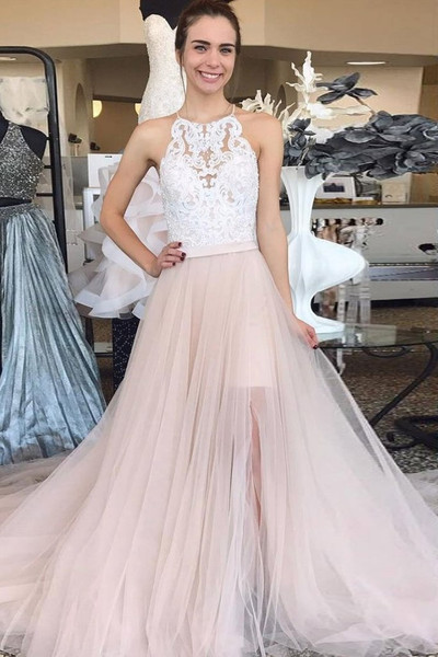 Shop 2021 Halter Tulle Pearl Pink High Low Appliques A Line Prom Dress Under 139