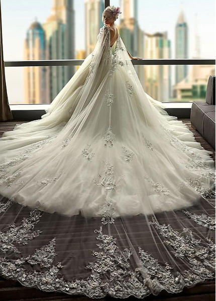  Tulle V-neck Neckline Ball Gown Wedding Dress With Long Sleeve