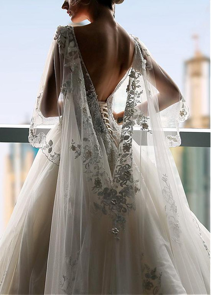  Tulle V-neck Neckline Ball Gown Wedding Dress With Long Sleeve