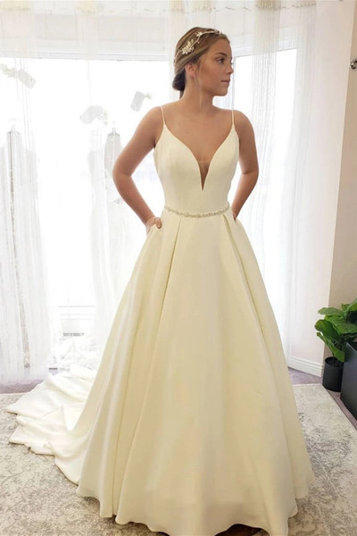 Spaghetti Straps Long Ivory Satin A Line Court Train Wedding Dress