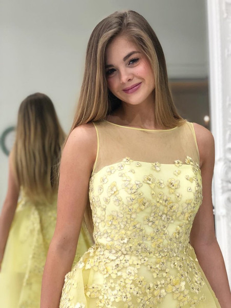 Shop 2021 Daffodil Yellow Tulle See Through High Low Flower Prom Dress Under 188