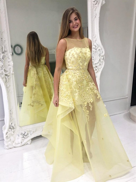 Shop 2021 Daffodil Yellow Tulle See Through High Low Flower Prom Dress Under 188