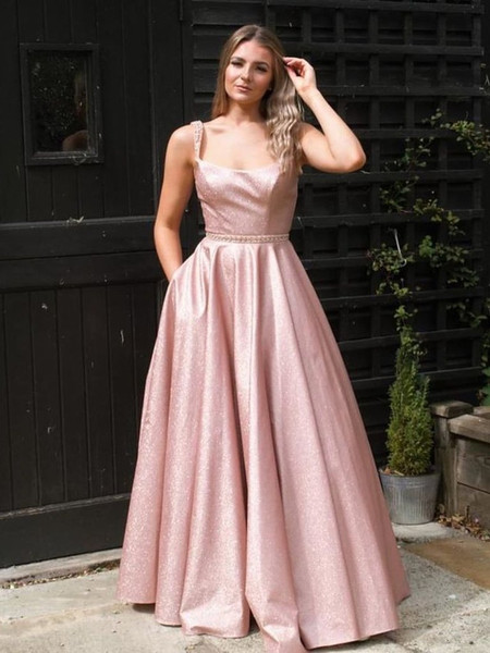 Shop ANNAKOO 2021 Rose Gold Sequin Spaghetti Straps Pleats Crystal Long Prom Dress Under 148