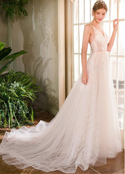 Lace V-Neck Neckline Long Flowers A-line Wedding Dress