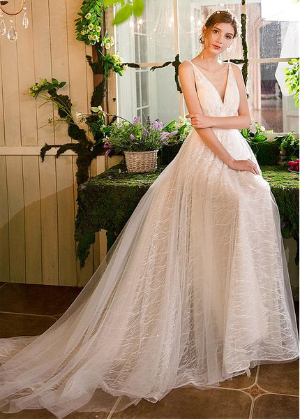 Lace V-Neck Neckline Long Flowers A-line Wedding Dress
