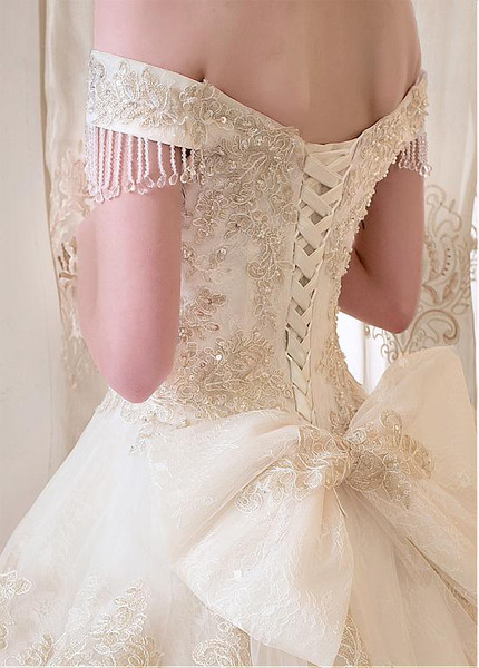 Beaded Lace Appliques Off-the-shoulder  Ball Gown Wedding Dress