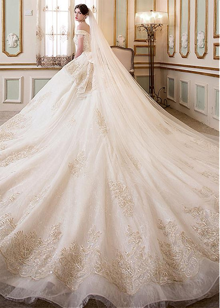 Beaded Lace Appliques Off-the-shoulder  Ball Gown Wedding Dress