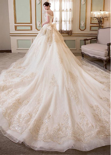 Beaded Lace Appliques Off-the-shoulder  Ball Gown Wedding Dress