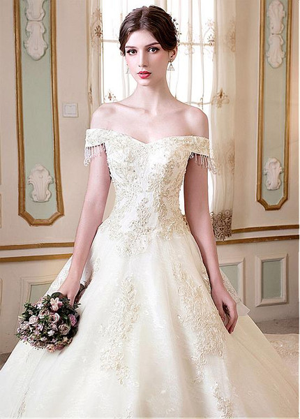 Beaded Lace Appliques Off-the-shoulder  Ball Gown Wedding Dress
