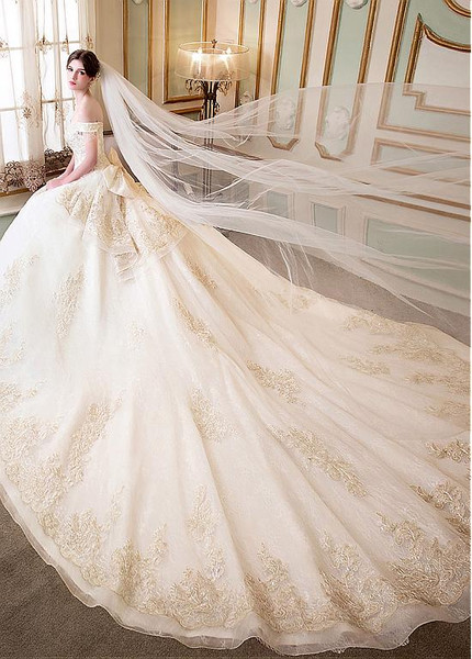 Beaded Lace Appliques Off-the-shoulder  Ball Gown Wedding Dress