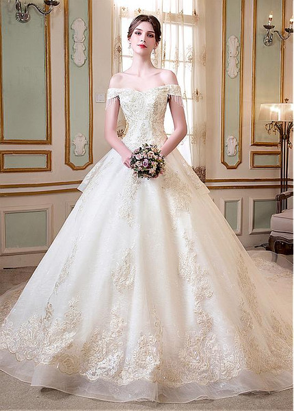 Beaded Lace Appliques Off-the-shoulder  Ball Gown Wedding Dress