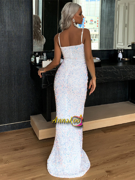 Shop Annakoo 2021 Spaghetti Straps Sexy White Sequin Trumpet Mermaid Prom Dress Under 75