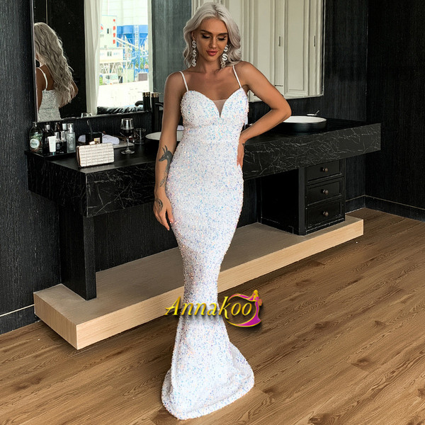 Shop Annakoo 2021 Spaghetti Straps Sexy White Sequin Trumpet Mermaid Prom Dress Under 75