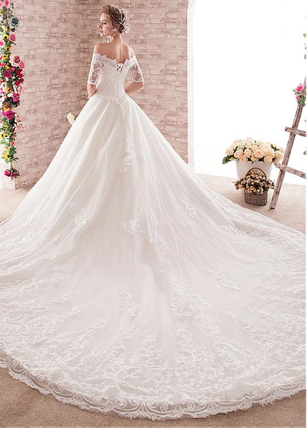 Half Sleeve Tulle Off-the-shoulder Ball Gown Wedding Dress