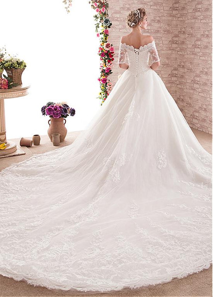 Half Sleeve Tulle Off-the-shoulder Ball Gown Wedding Dress
