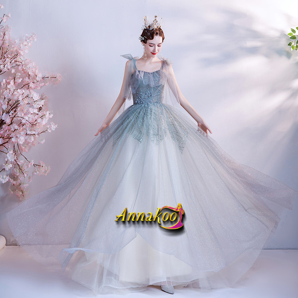 Straps Tulle Blue Sequin Backless A Line Ruffles Prom Dress