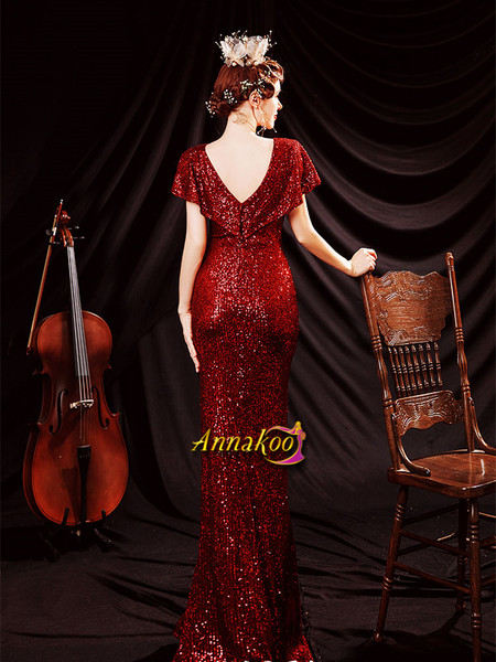 Red Cap Sleeve Sheath Column See Through Sequin Prom Dress