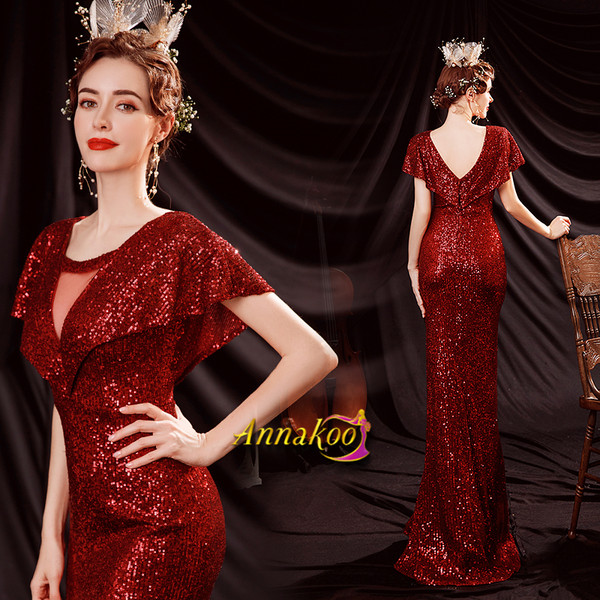 Shop 2021 Red Cap Sleeve Sheath Column See Through Sequin Prom Dress Under 135
